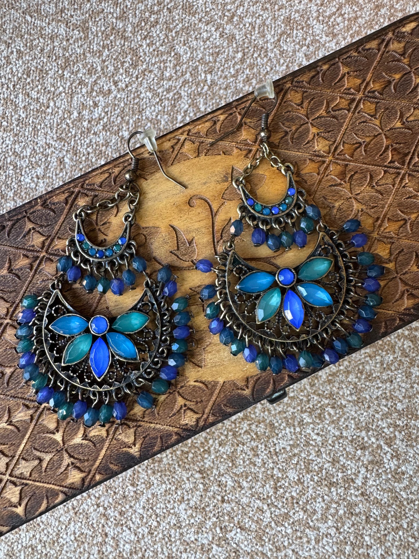 Bohemian-Style Teal & Blue Crystal Chandelier Earrings