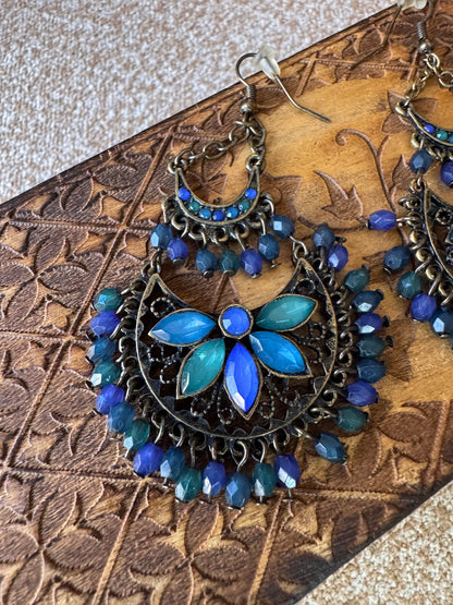 Bohemian-Style Teal & Blue Crystal Chandelier Earrings