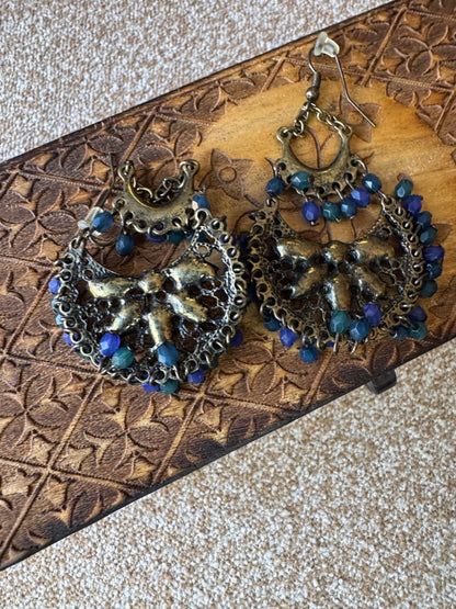 Bohemian-Style Teal & Blue Crystal Chandelier Earrings