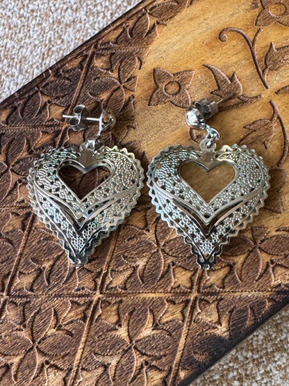 Silver-Tone Heart Filigree Dangle Earrings
