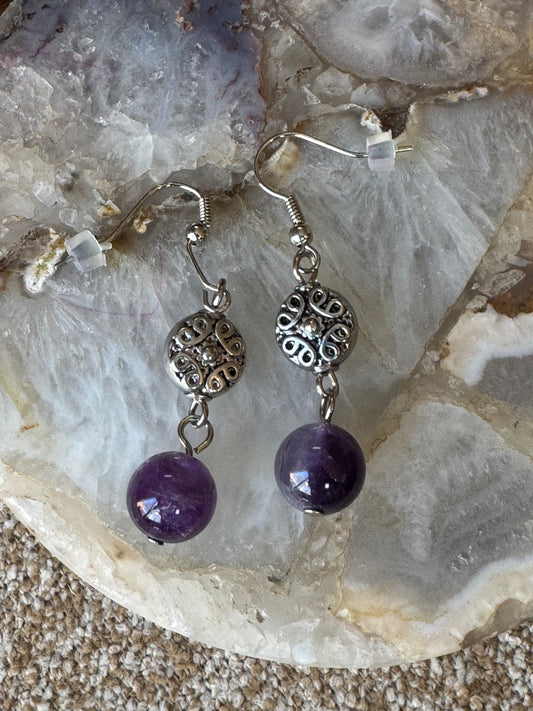 Amethyst Dangle Earrings with Silver-Tone Filigree