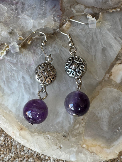 Amethyst Dangle Earrings with Silver-Tone Filigree