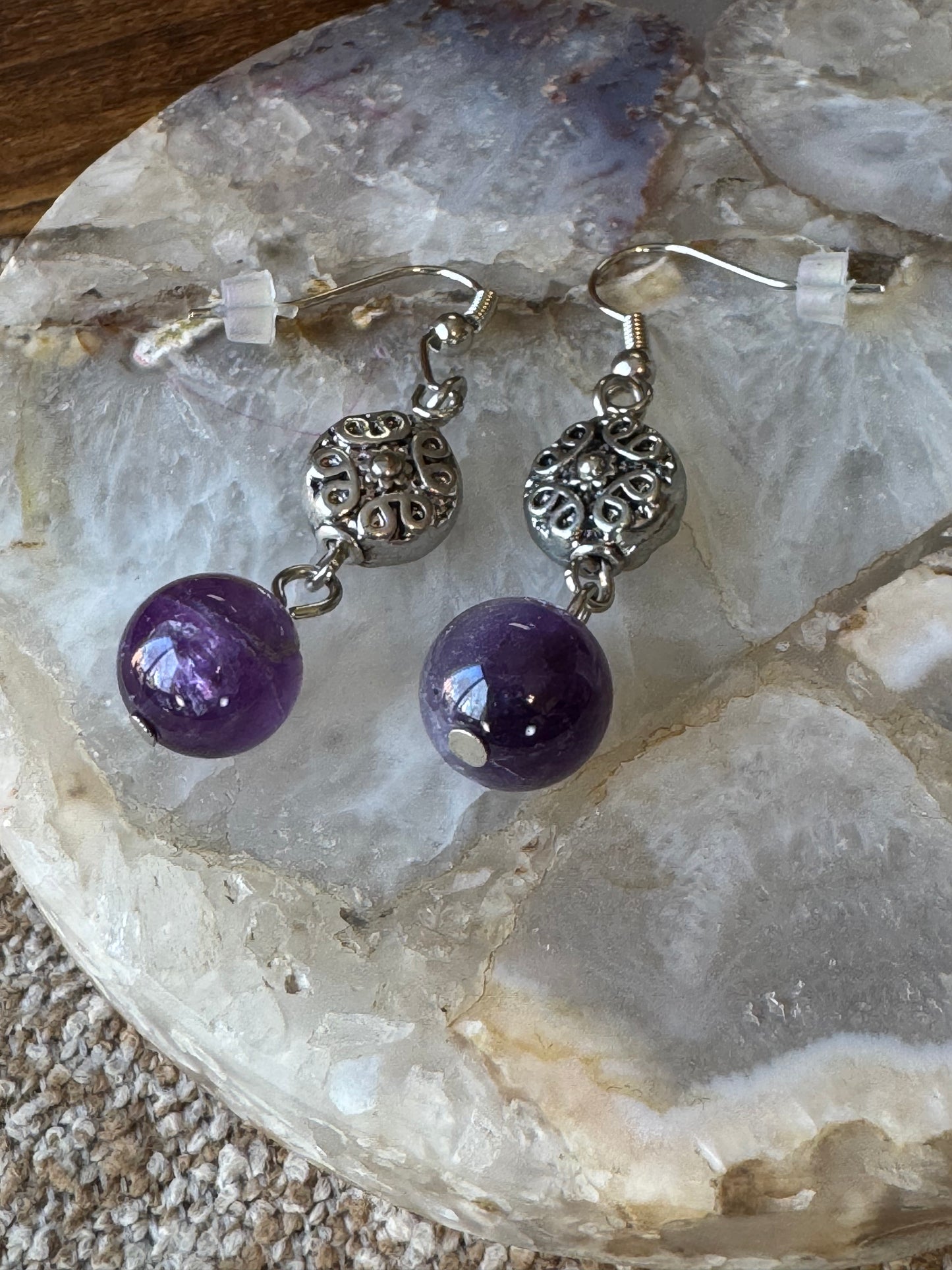Amethyst Dangle Earrings with Silver-Tone Filigree