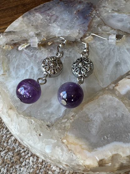 Amethyst Dangle Earrings with Silver-Tone Filigree