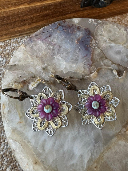 Floral Filigree Purple Accent Earrings