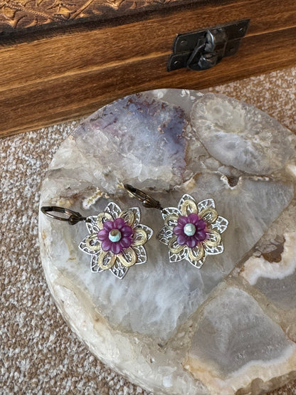 Floral Filigree Purple Accent Earrings