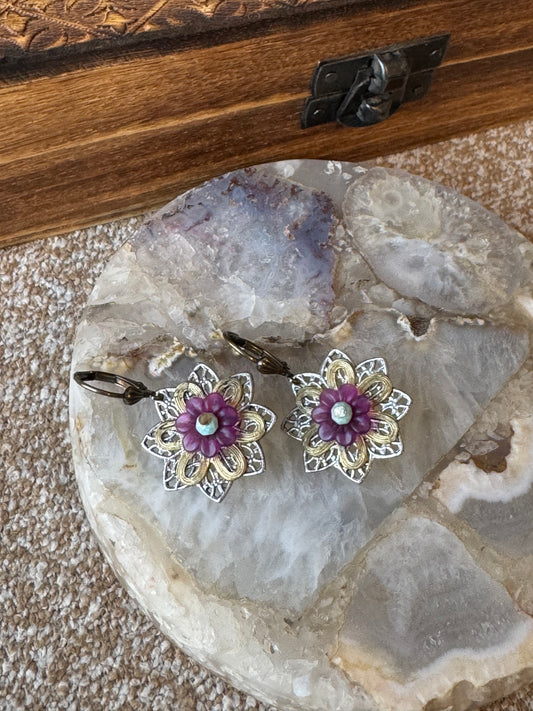 Floral Filigree Purple Accent Earrings