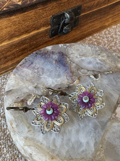 Floral Filigree Purple Accent Earrings