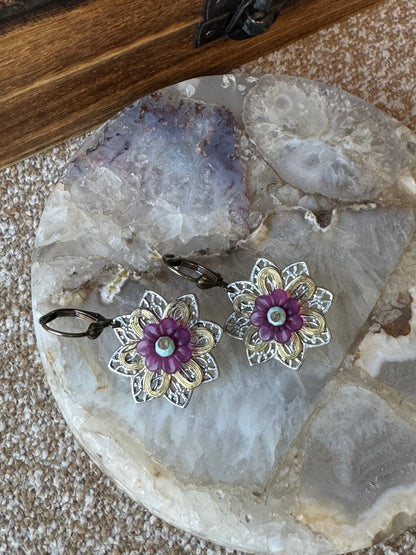 Floral Filigree Purple Accent Earrings