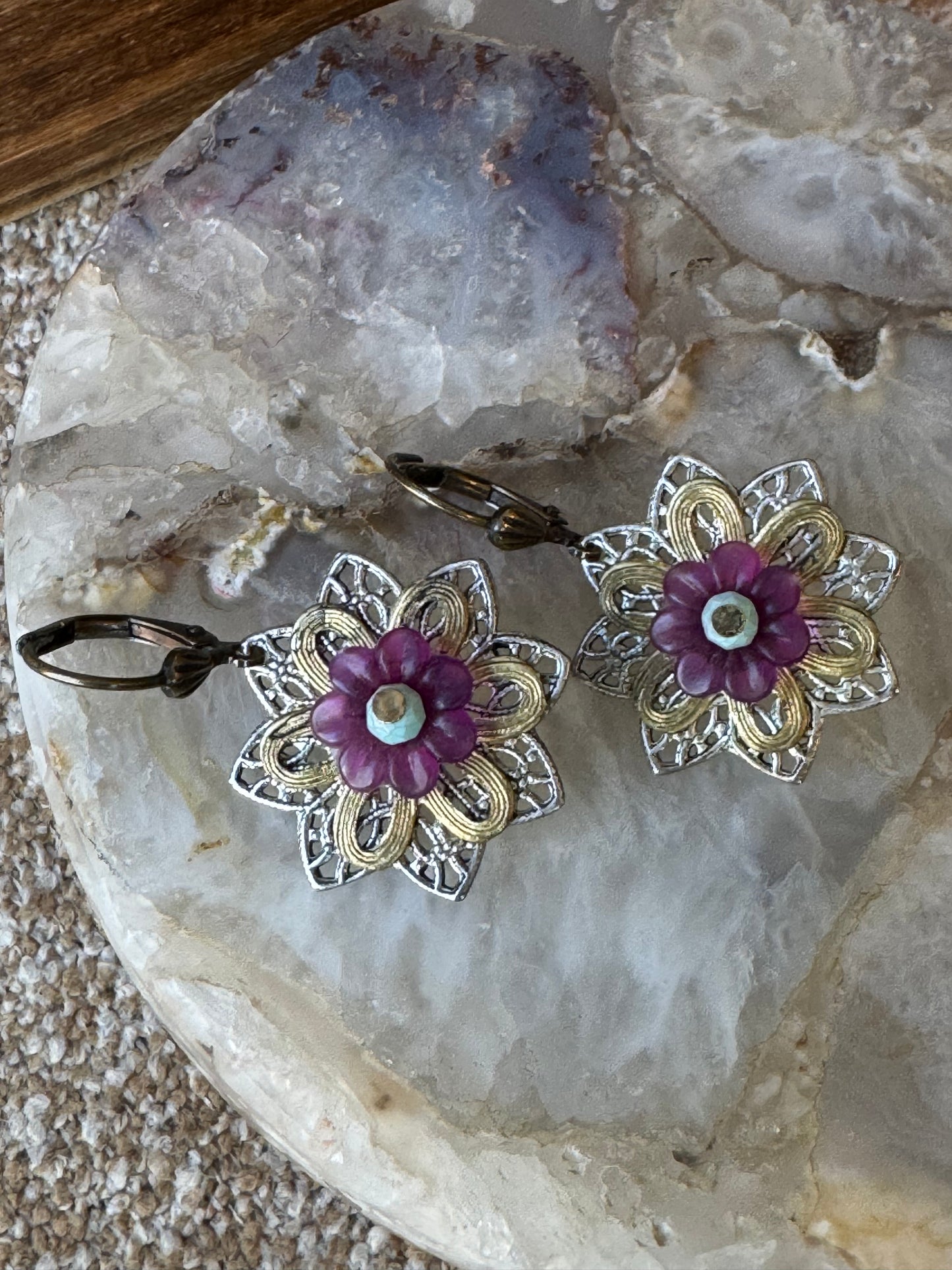 Floral Filigree Purple Accent Earrings