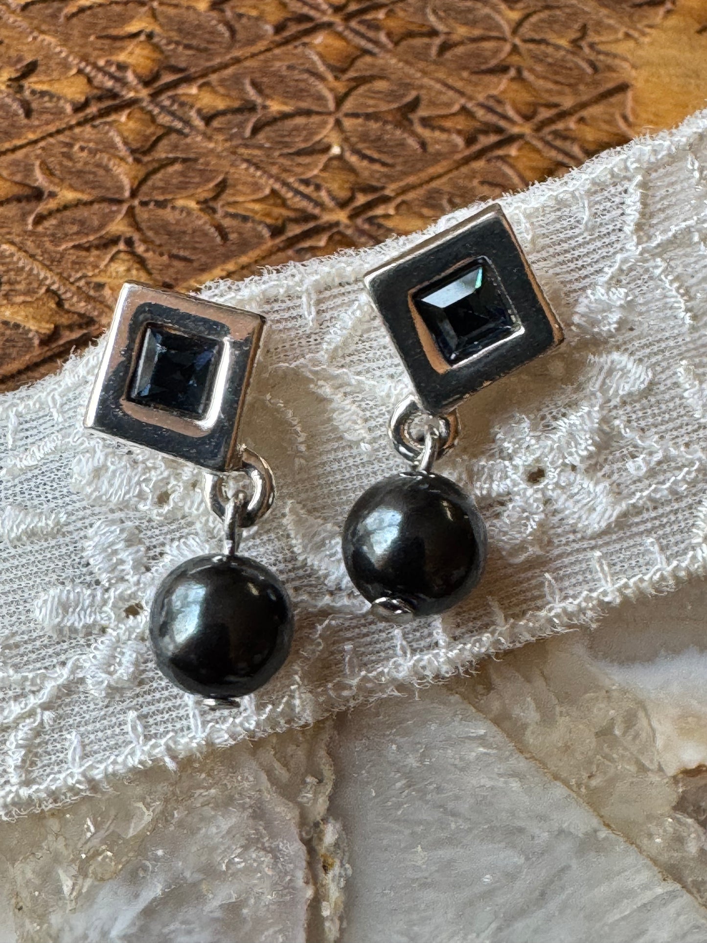 Vintage Napier Mexican Modernist Black Onyx & Blue Gemstone Dangle Earrings