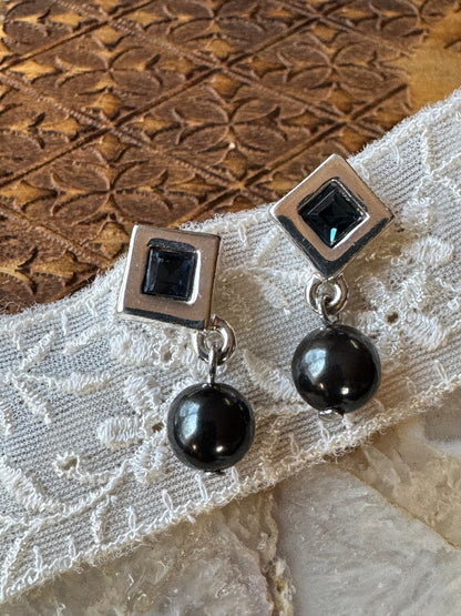 Vintage Napier Mexican Modernist Black Onyx & Blue Gemstone Dangle Earrings