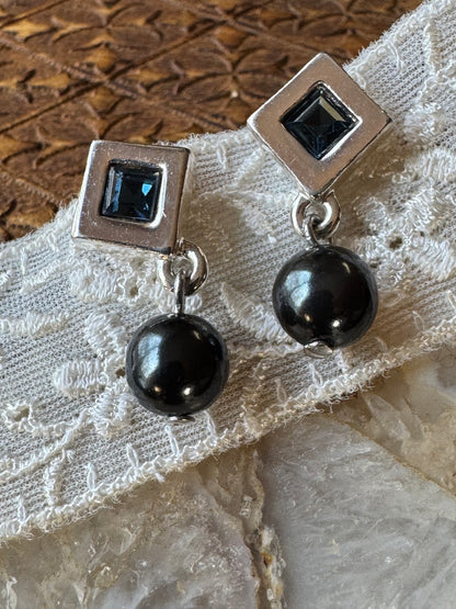 Vintage Napier Mexican Modernist Black Onyx & Blue Gemstone Dangle Earrings