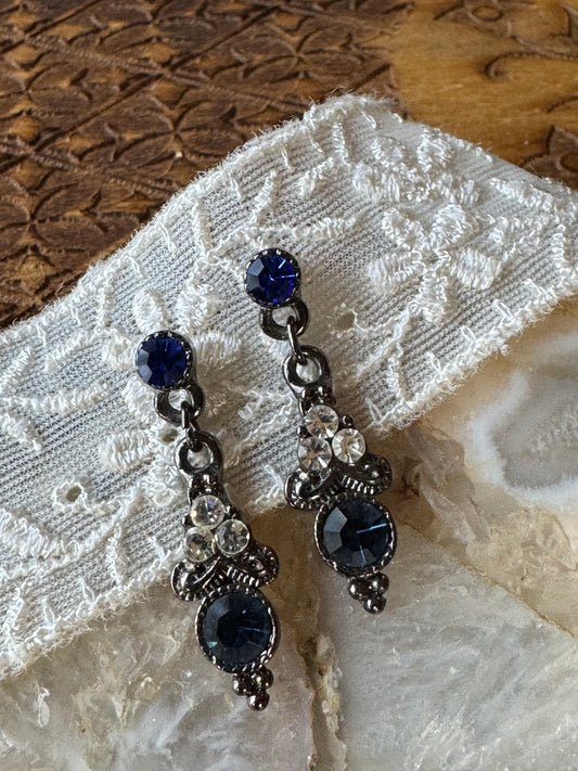 Vintage-Style Sapphire Blue & Clear Crystal Drop Earrings