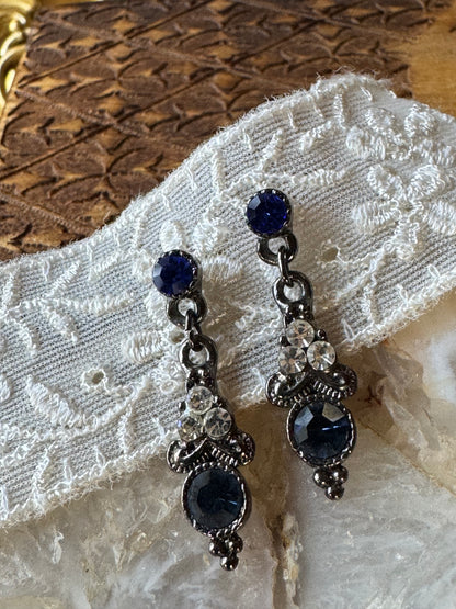 Vintage-Style Sapphire Blue & Clear Crystal Drop Earrings