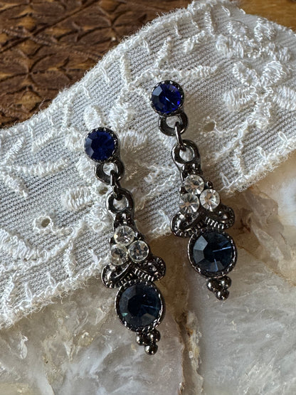 Vintage-Style Sapphire Blue & Clear Crystal Drop Earrings