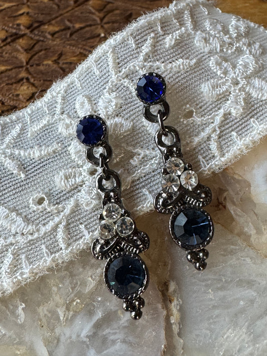 Vintage-Style Sapphire Blue & Clear Crystal Drop Earrings