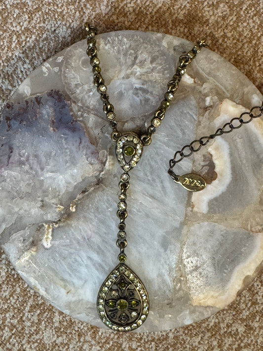 Vintage-Style Green Rhinestone Y-Drop Necklace