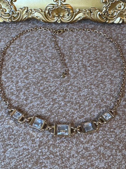 Gold-Tone Reversible Statement Necklace with Clear Crystals & Black Stones