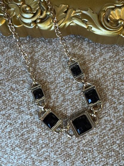 Gold-Tone Reversible Statement Necklace with Clear Crystals & Black Stones