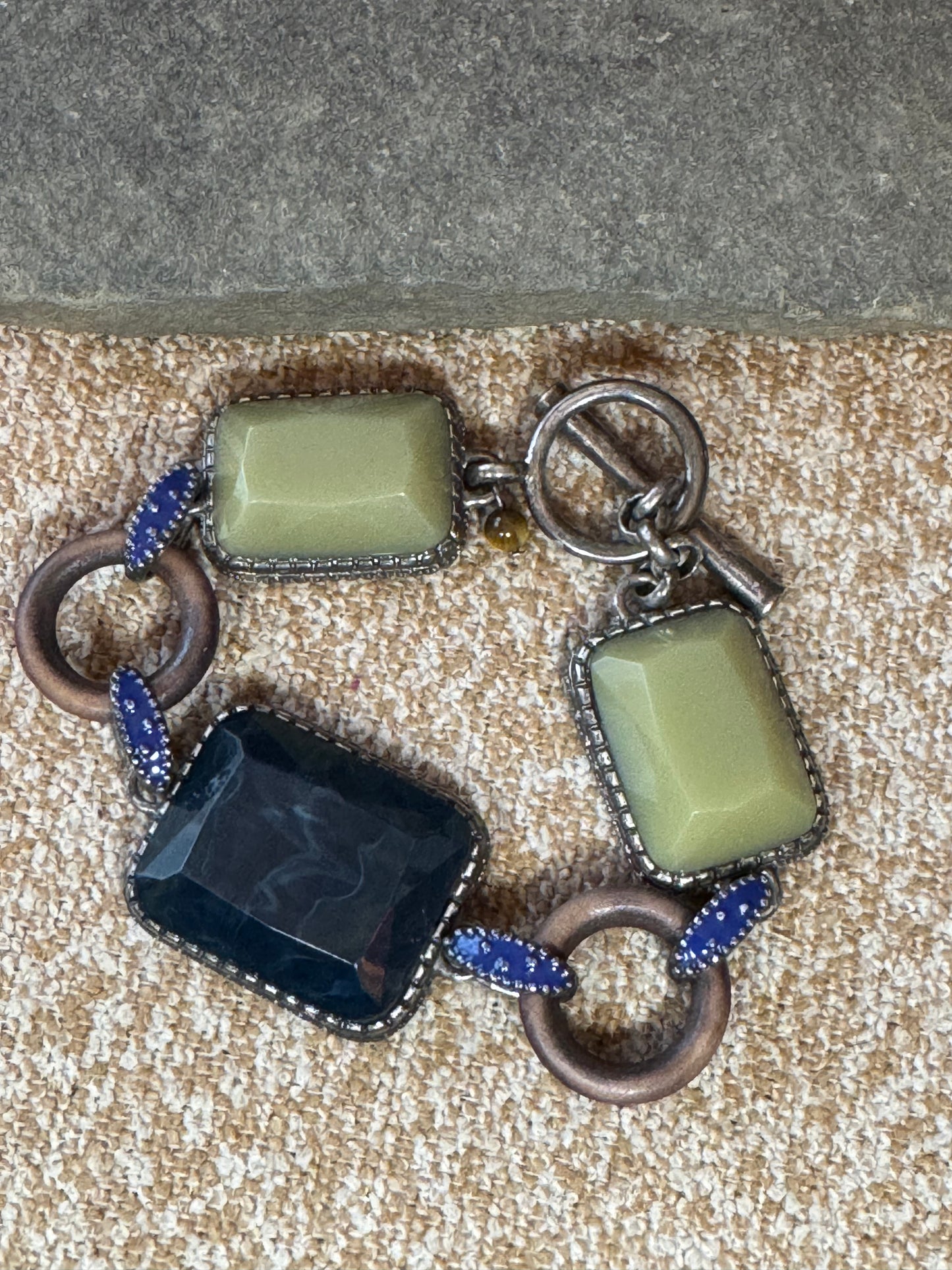 Artisan-Style Toggle Bracelet – Sage Green & Deep Blue Faceted Stones