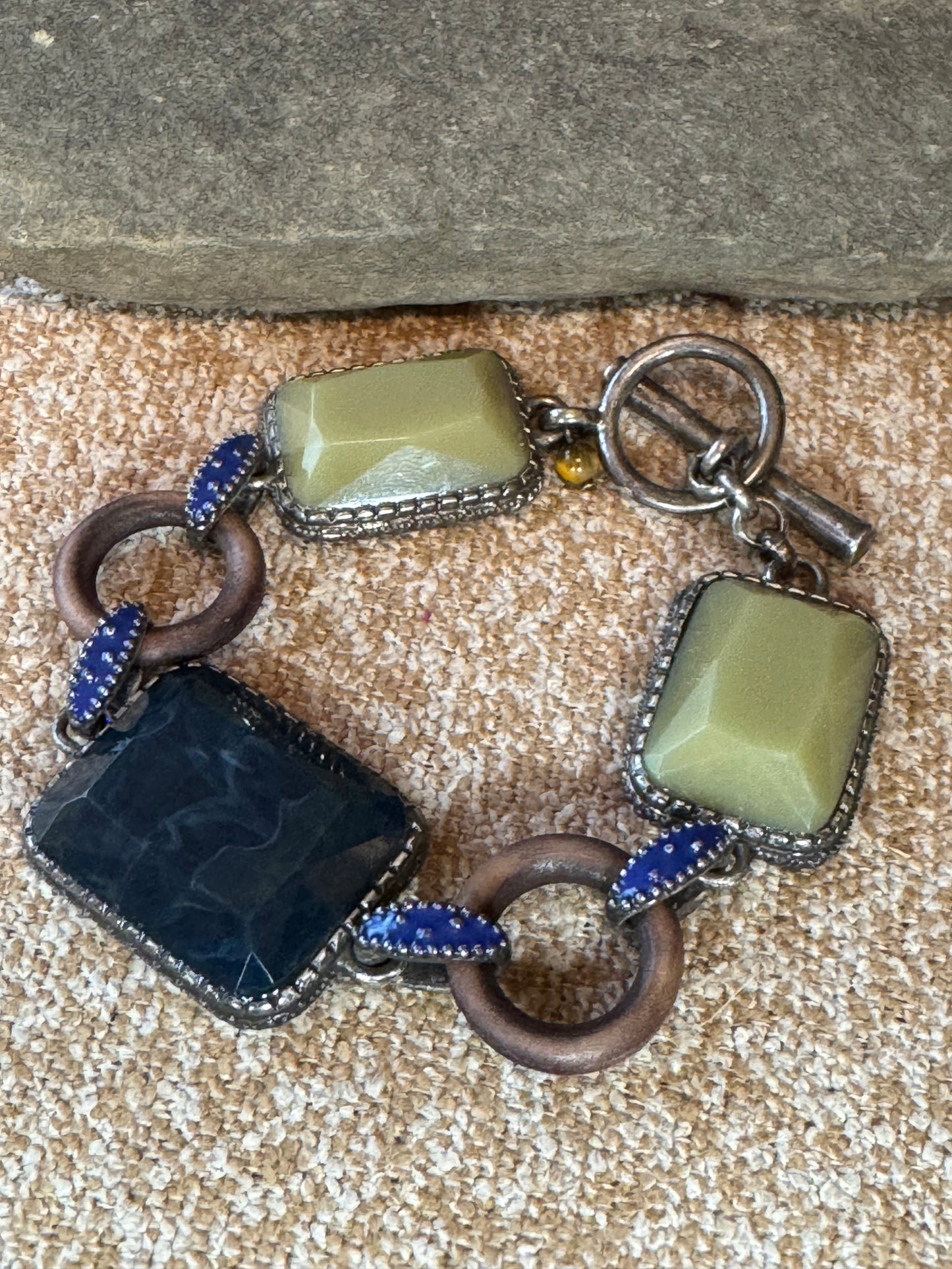 Artisan-Style Toggle Bracelet – Sage Green & Deep Blue Faceted Stones