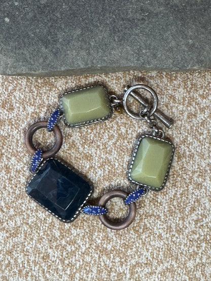 Artisan-Style Toggle Bracelet – Sage Green & Deep Blue Faceted Stones
