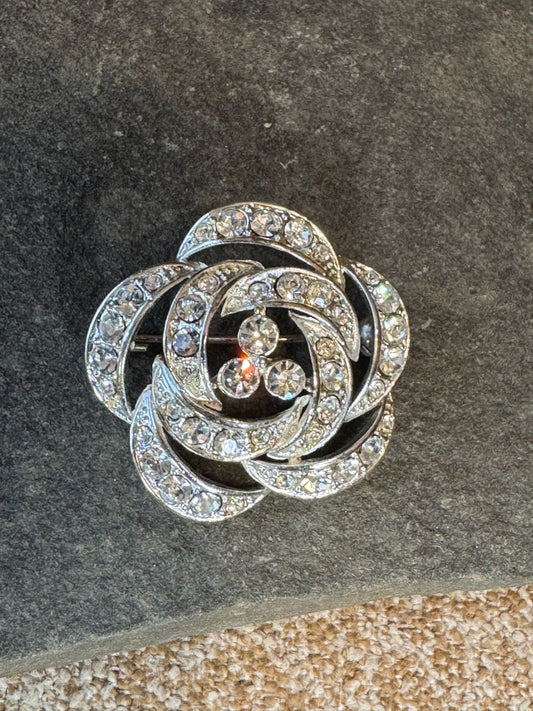 Vintage Silver Tone Rose Brooch with Clear Rhinestone Accents – Multi-Layered Floral Design