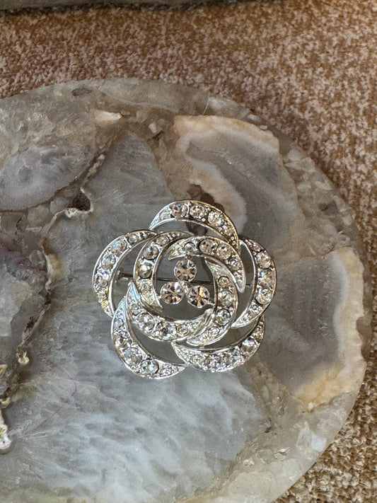 Vintage Silver Tone Rose Brooch with Clear Rhinestone Accents – Multi-Layered Floral Design