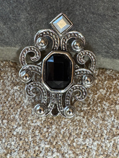 Vintage-Inspired Silver Tone Filigree Pendant & Brooch – Art Deco Black & Clear Stone