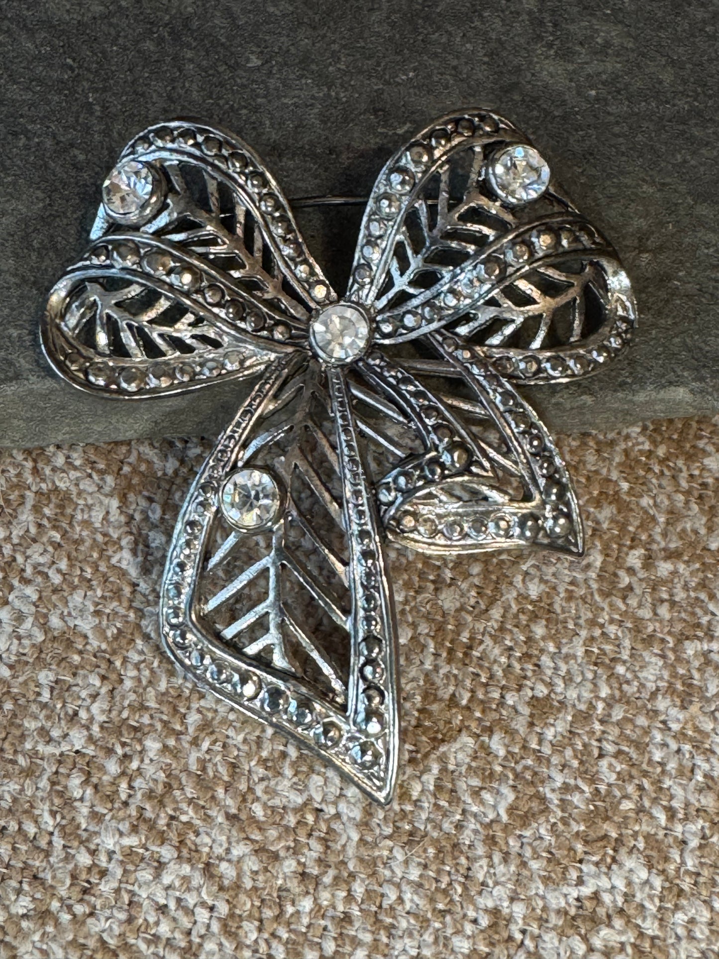 Vintage Silver Tone Openwork Bow Brooch with Rhinestones & Marcasite Detail