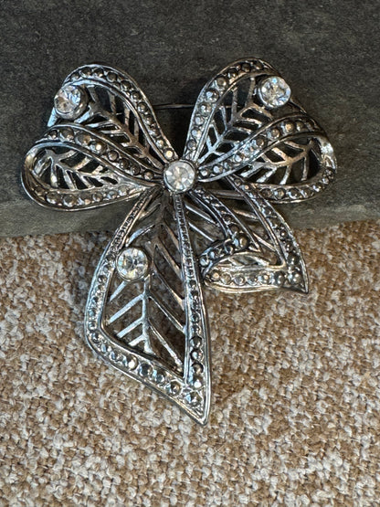 Vintage Silver Tone Openwork Bow Brooch with Rhinestones & Marcasite Detail