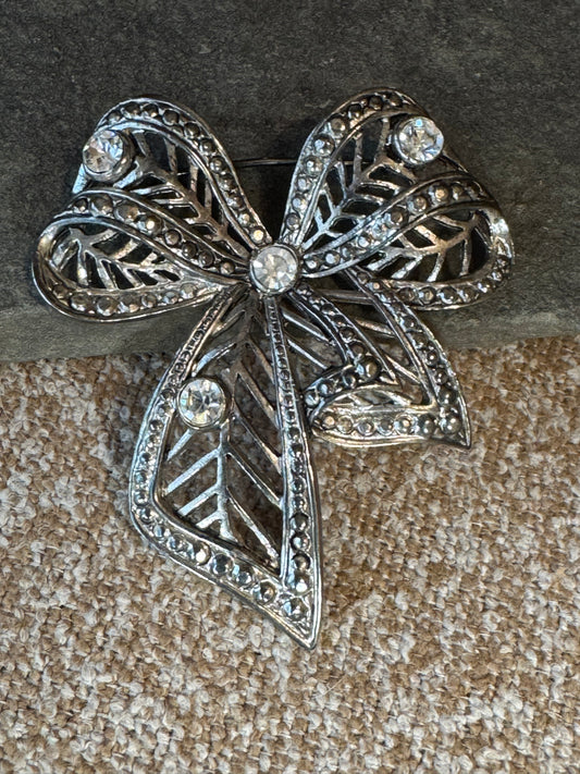 Vintage Silver Tone Openwork Bow Brooch with Rhinestones & Marcasite Detail