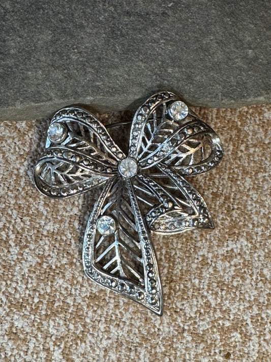 Vintage Silver Tone Openwork Bow Brooch with Rhinestones & Marcasite Detail