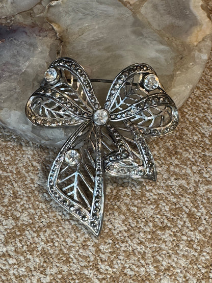 Vintage Silver Tone Openwork Bow Brooch with Rhinestones & Marcasite Detail