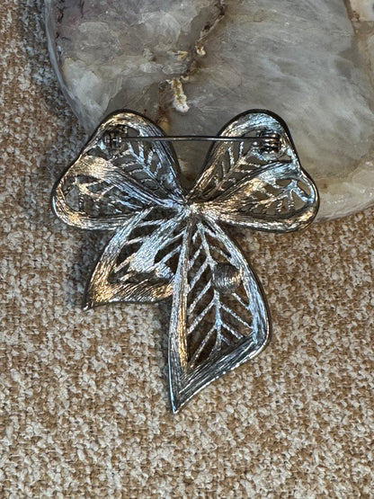 Vintage Silver Tone Openwork Bow Brooch with Rhinestones & Marcasite Detail