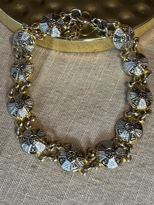 Vintage Damascene-Style Link Bracelet – Spanish Toledo Sunburst Design