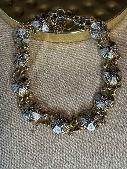 Vintage Damascene-Style Link Bracelet – Spanish Toledo Sunburst Design