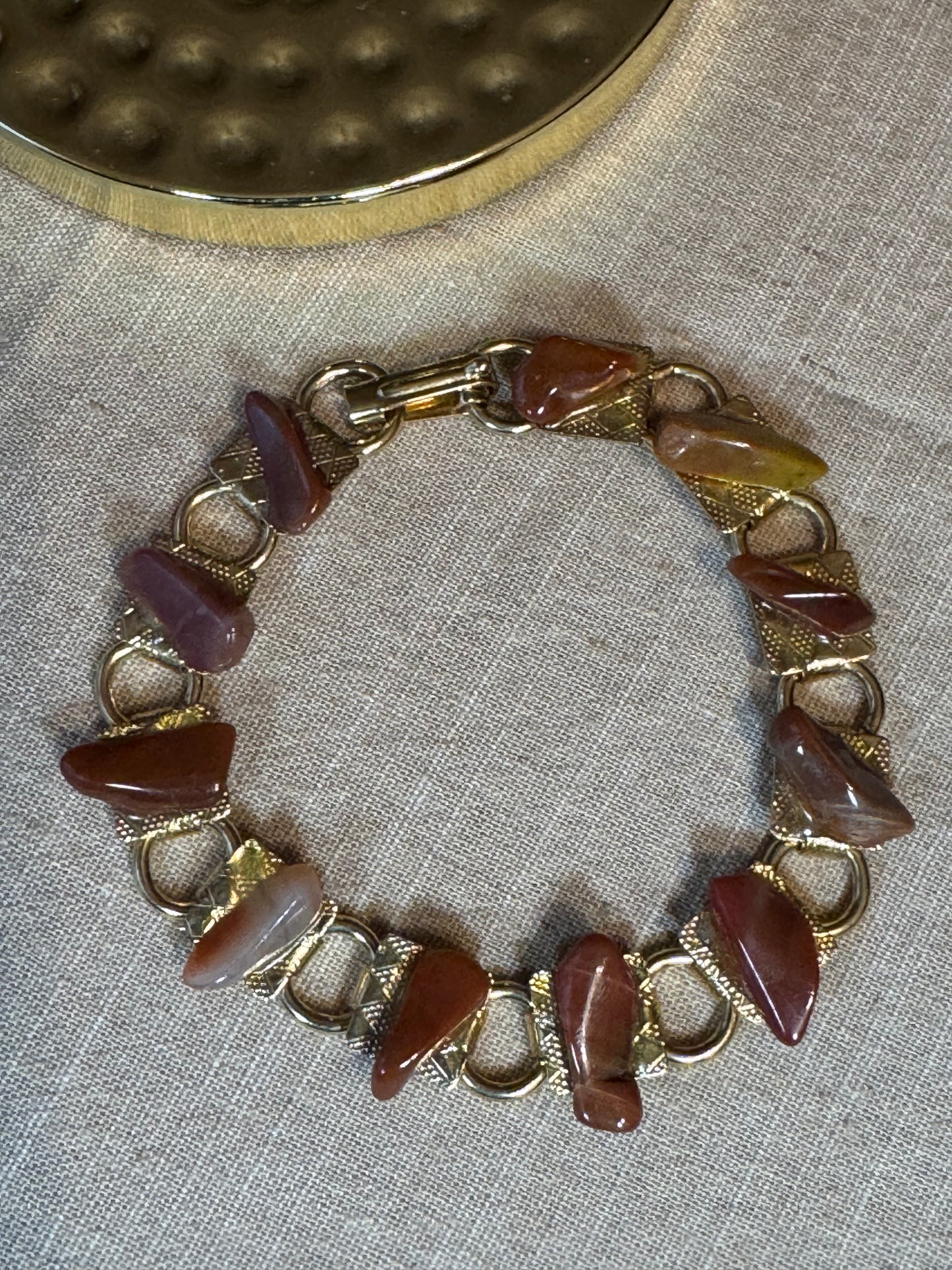 Vintage Gold Tone Link Bracelet with Polished Red & Gray Natural Stones