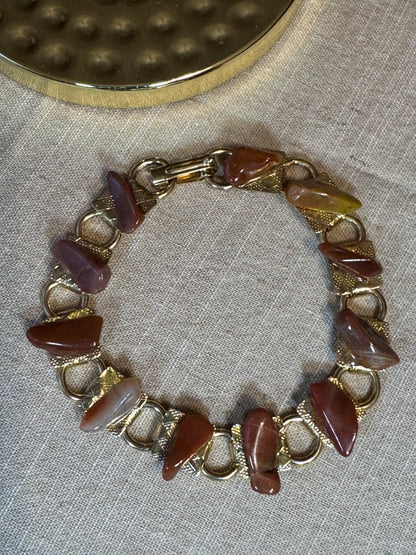 Vintage Gold Tone Link Bracelet with Polished Red & Gray Natural Stones