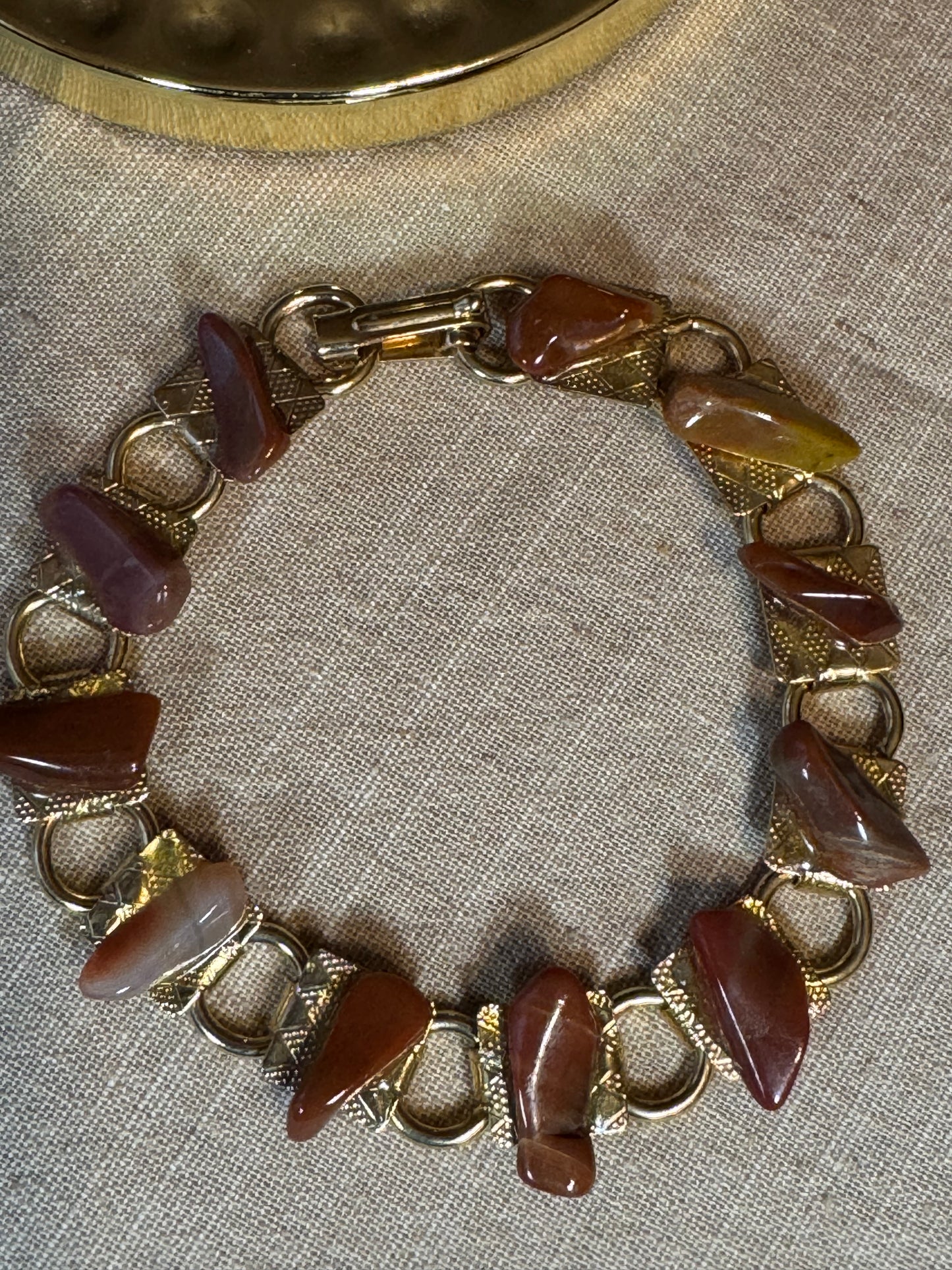 Vintage Gold Tone Link Bracelet with Polished Red & Gray Natural Stones