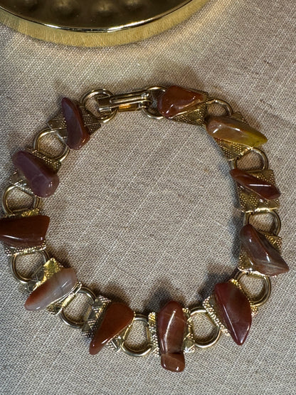 Vintage Gold Tone Link Bracelet with Polished Red & Gray Natural Stones