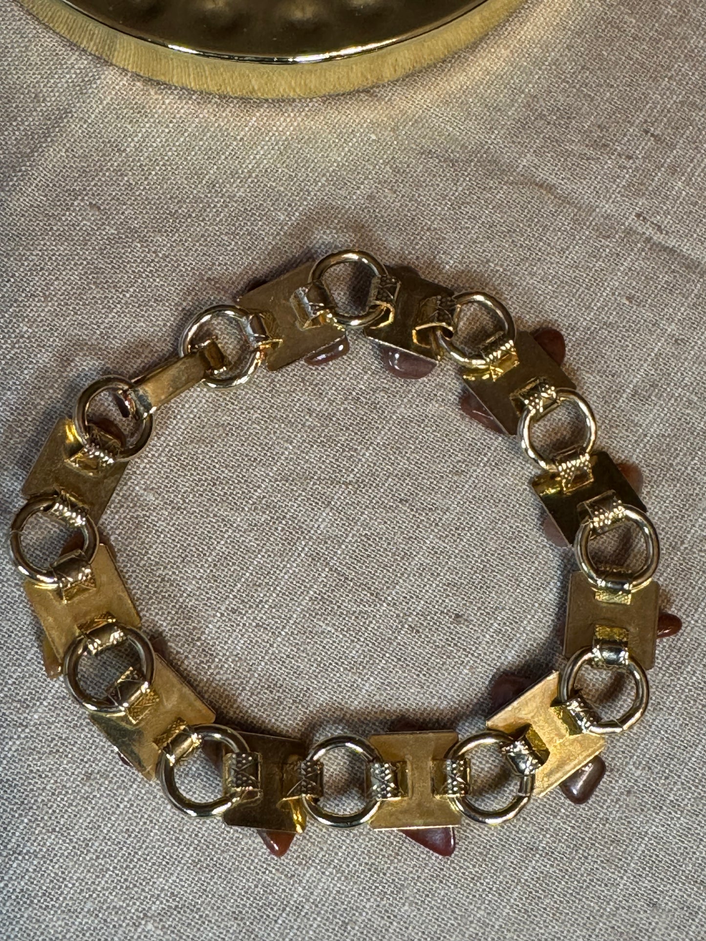 Vintage Gold Tone Link Bracelet with Polished Red & Gray Natural Stones