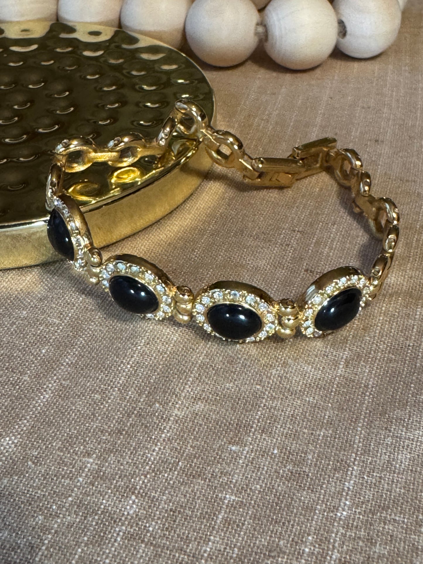 Vintage Gold Tone Link Bracelet with Black Oval Cabochons