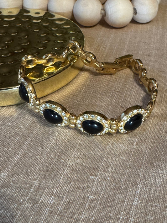 Vintage Gold Tone Link Bracelet with Black Oval Cabochons