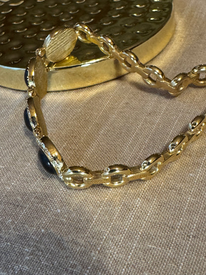 Vintage Gold Tone Link Bracelet with Black Oval Cabochons
