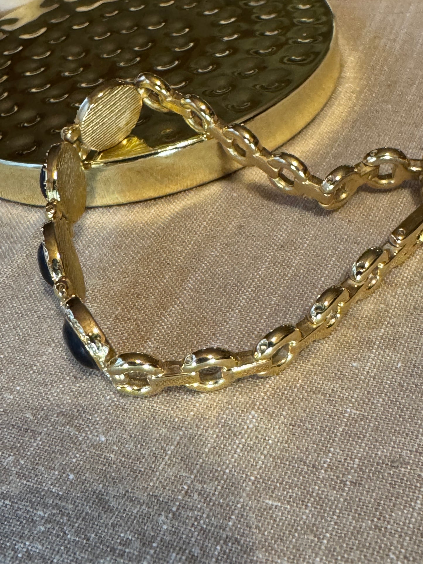 Vintage Gold Tone Link Bracelet with Black Oval Cabochons