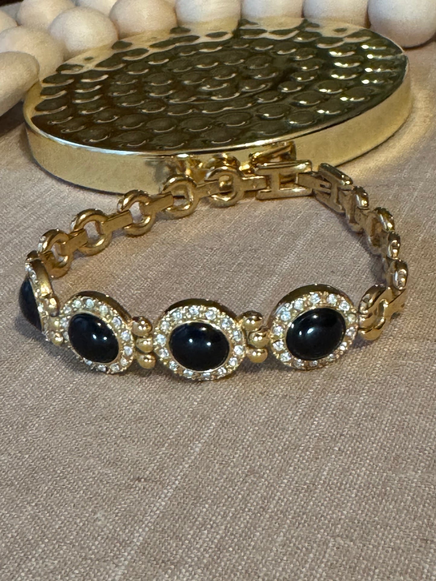 Vintage Gold Tone Link Bracelet with Black Oval Cabochons