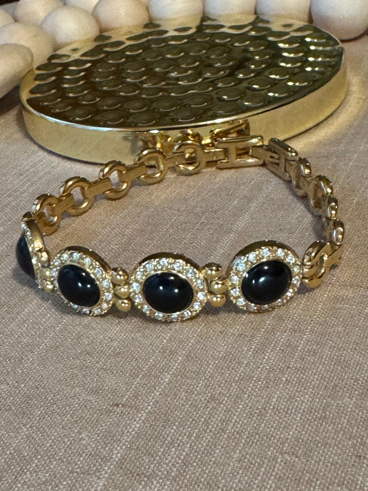 Vintage Gold Tone Link Bracelet with Black Oval Cabochons