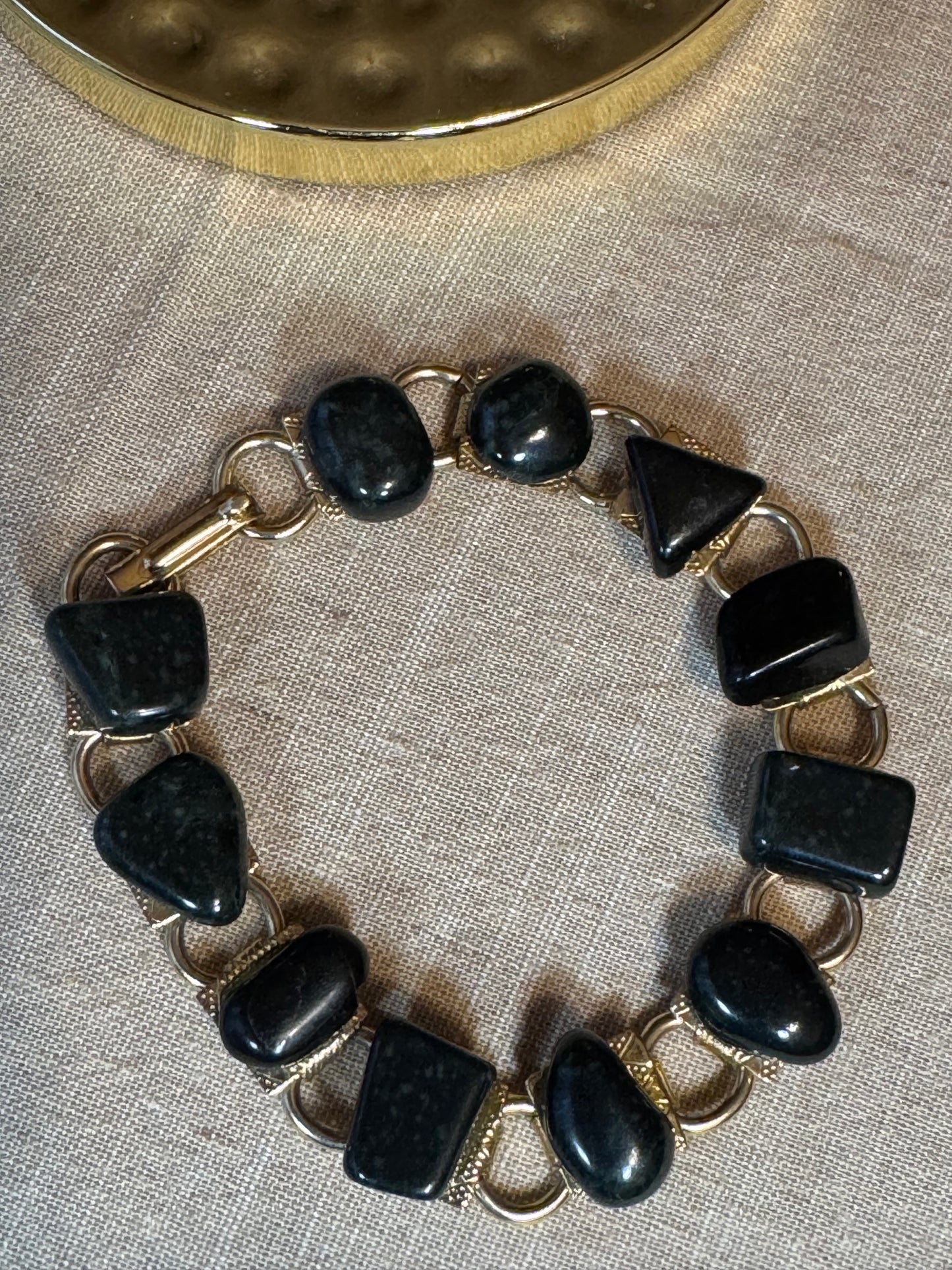 Vintage Black-Blue Stone Bead Bracelet with Gold Tone Link Spacers – Geometric Design